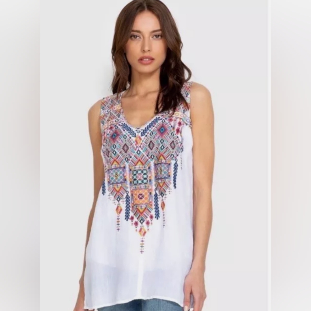 Johnny Was Workshop White Sarshuka Tank with Colorful Embroidery Boho Hippie